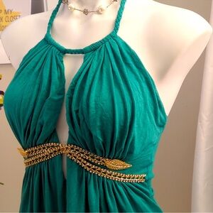 Emerald Plunge Keyhole Rhinestone Leaf Embellishment Ruched Halter Sundress
